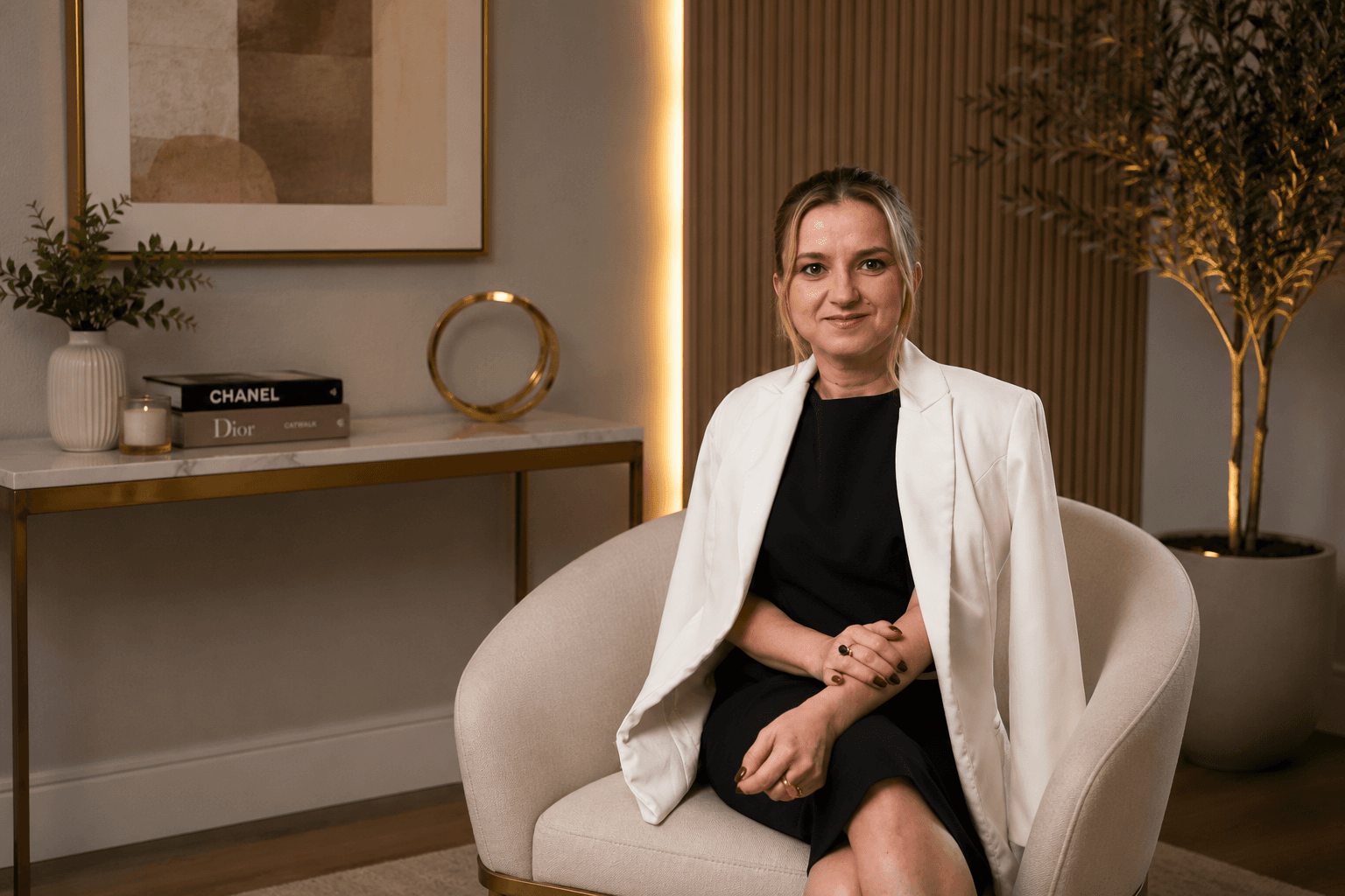 Waleska Quintela sentada em um ambiente sofisticado